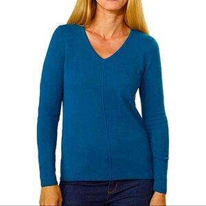 Belford Women's 100% Cashmere V-neck Long Sleeve Sweater Teal Blue SZ S
